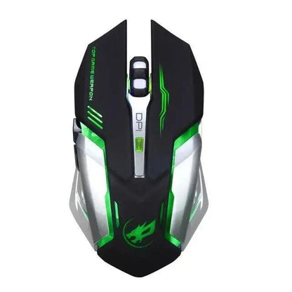 Stevvex wireless gaming mouse black with green LED accents, DPI button, silver side panels on Tampa Home & Garden Store