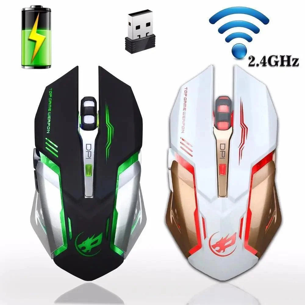 Wireless gaming mouse black with green backlight, white with red accents, USB dongle on Tampa Home & Garden Store