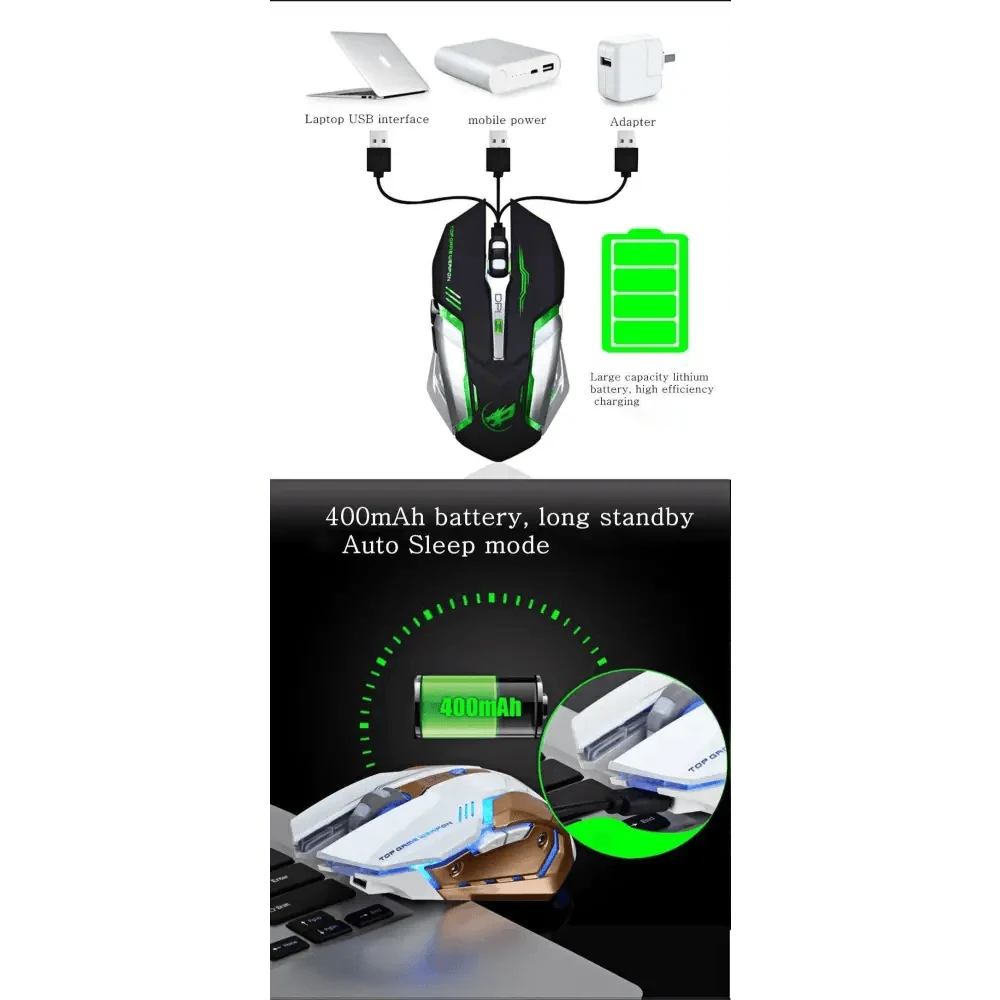 Stevvex wireless gaming mouse in green/black with 400mAh battery and USB charging setup on Tampa Home & Garden Store