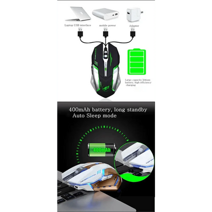 Stevvex wireless gaming mouse in green/black with 400mAh battery and USB charging setup on Tampa Home & Garden Store