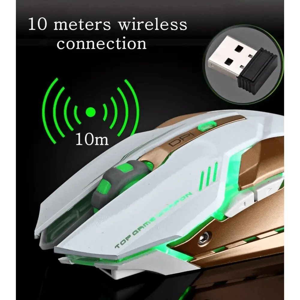 Wireless gaming mouse with green LED backlight, white finish, USB wireless dongle included on Tampa Home & Garden Store