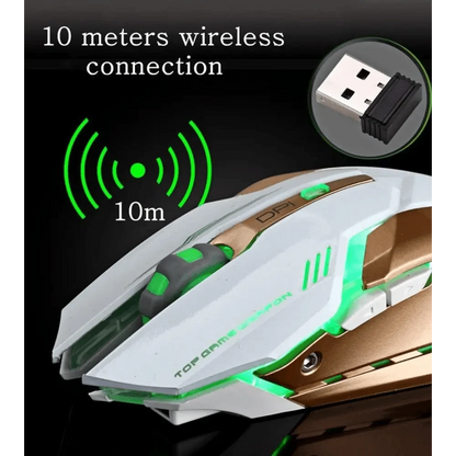 Wireless gaming mouse with green LED backlight, white finish, USB wireless dongle included on Tampa Home & Garden Store