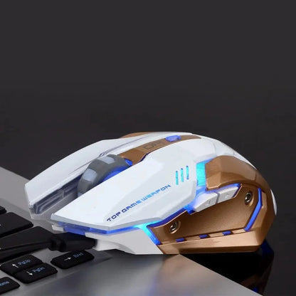 Wireless gaming mouse white with bronze accents, blue LED backlight and USB optical sensor on Tampa Home & Garden Store