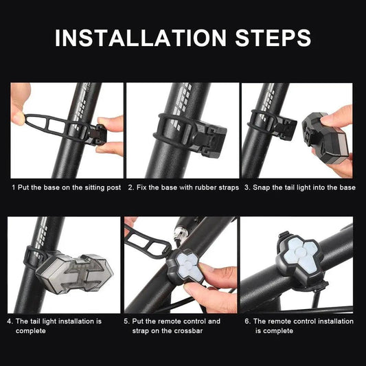 Stevvex wireless bike tail light with remote; installation steps on a black bicycle on Tampa Home & Garden Store