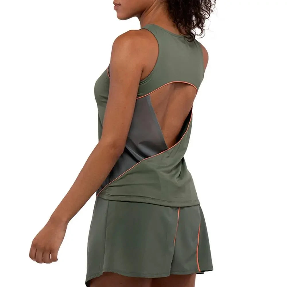 Wish Tank Top olive green sleeveless tee with orange piping and open back by Siux USA on Tampa Home & Garden Store
