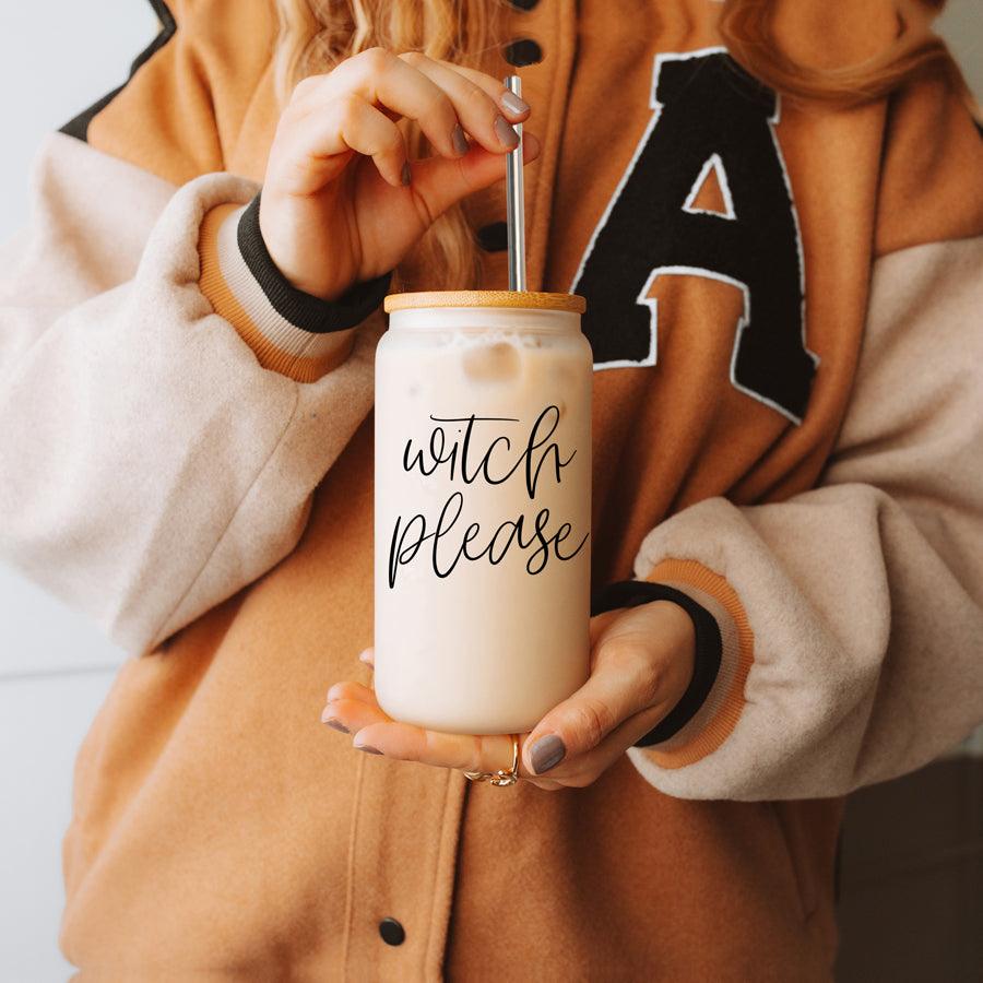 Witch Please 17oz travel mug in cream with script text and metal straw on Tampa Home & Garden Store