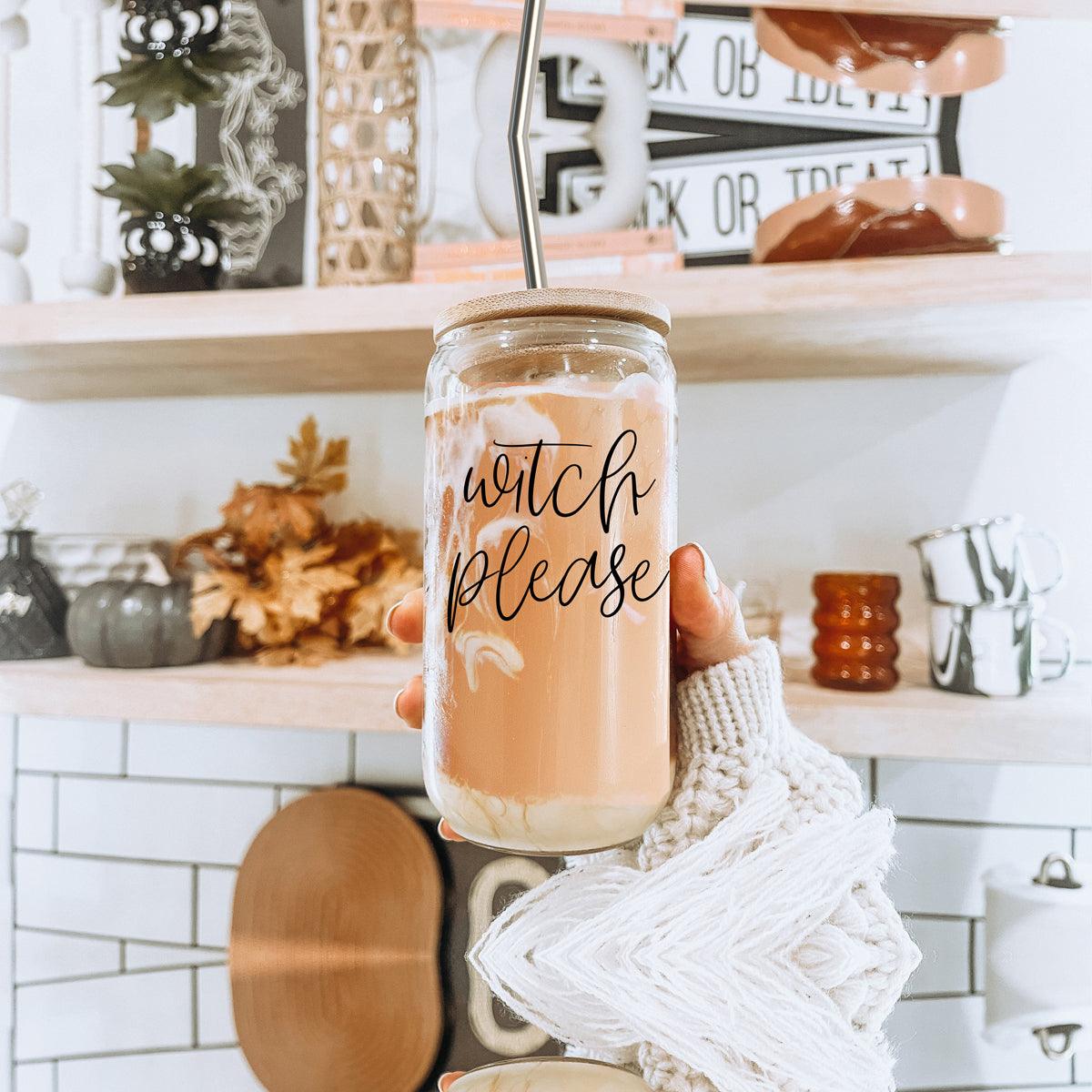 Witch Please 17oz travel mug by Gia Roma; glass mason jar drinkware with wood lid and metal straw on Tampa Home & Garden Store