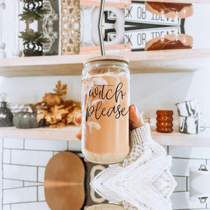 Witch Please 17oz travel mug by Gia Roma; glass mason jar drinkware with wood lid and metal straw on Tampa Home & Garden Store