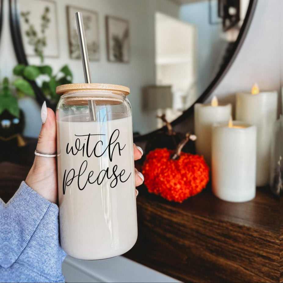 Witch Please 17oz travel mug by Gia Roma, clear glass with bamboo lid and metal straw on Tampa Home & Garden Store