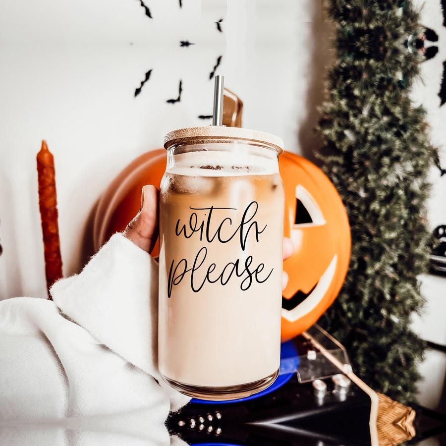 Gia Roma Witch Please 17oz travel mug; glass jar, wooden lid, metal straw, iced beverage on Tampa Home & Garden Store
