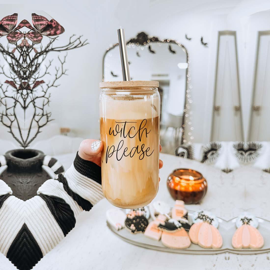 Witch Please 17oz glass travel mug with wood lid and metal straw, beige iced coffee by Gia Roma on Tampa Home & Garden Store