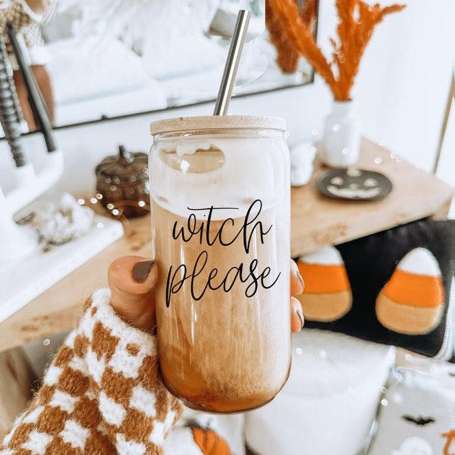 Witch Please 17oz travel mug by Gia Roma, mason-jar style drinkware with straw and beige lid on Tampa Home & Garden Store