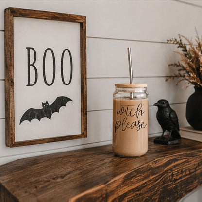 Witch Please 17oz travel mug glass mason jar with wooden lid and metal straw by Gia Roma on Tampa Home & Garden Store