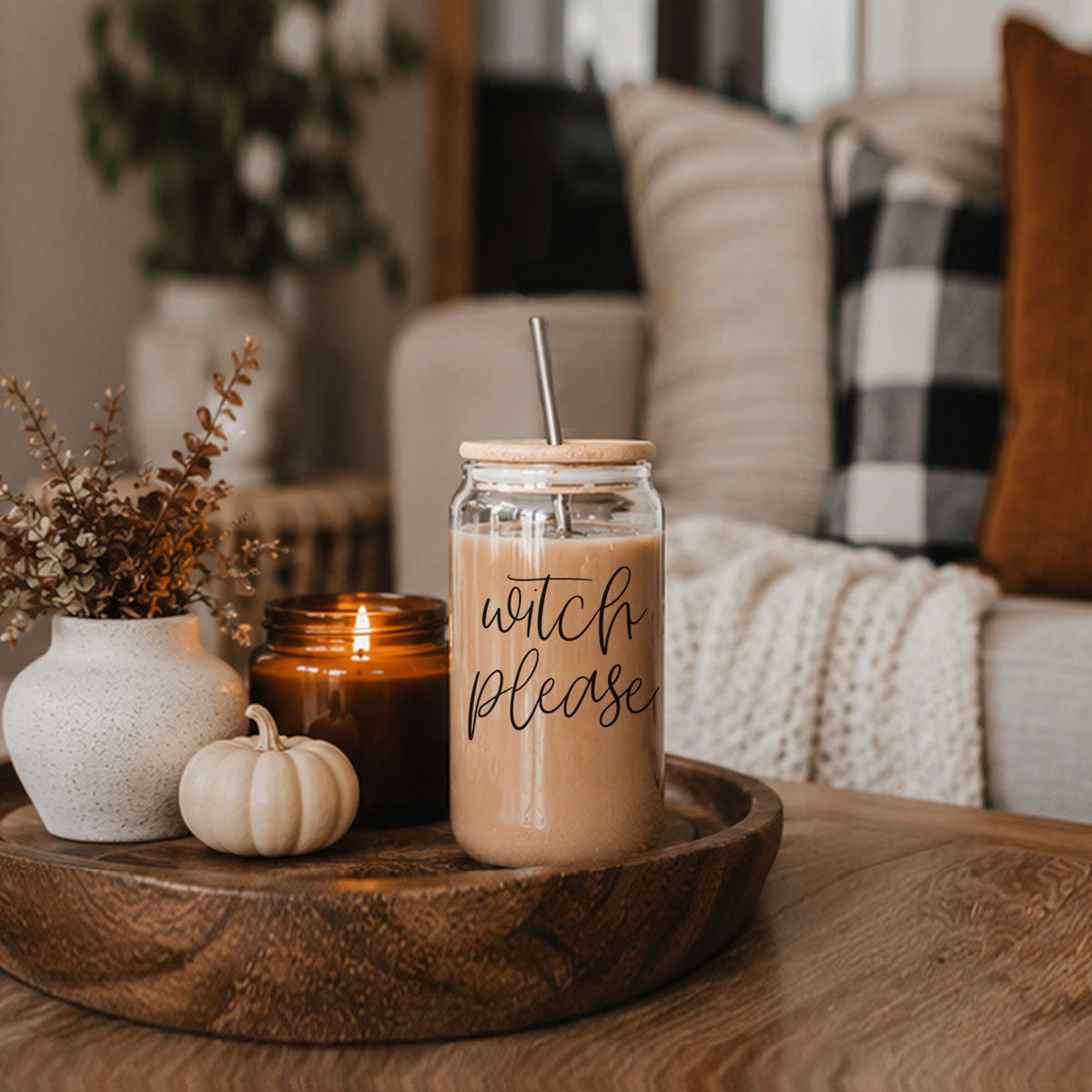 Witch Please 17oz travel mug Gia Roma mason jar with wood lid and metal straw on a wooden tray on Tampa Home & Garden Store