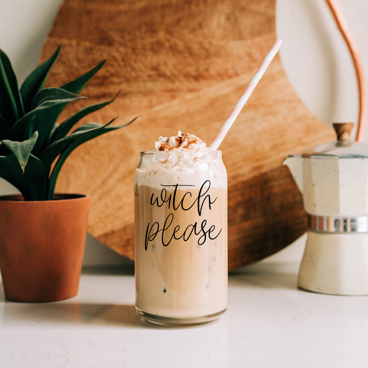Witch Please 17oz travel mug with iced coffee, whipped cream, cinnamon dust and a pink straw on Tampa Home & Garden Store