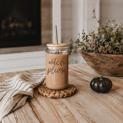 Witch Please 17oz glass travel mug with wood lid and metal straw, Gia Roma drinkware on Tampa Home & Garden Store