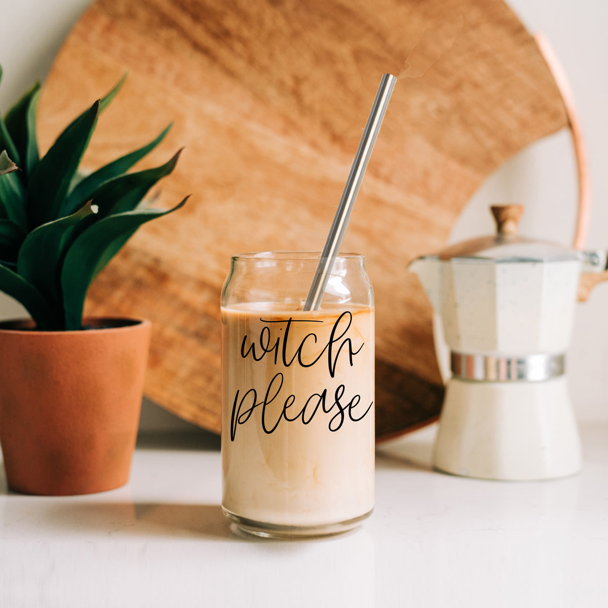 Witch Please 17oz travel mug glass tumbler with metal straw clear glass Gia Roma on Tampa Home & Garden Store