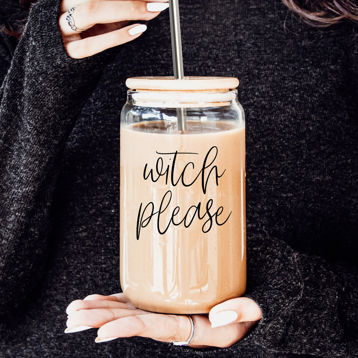 Witch Please 17oz travel mug mason jar style with wood lid and metal straw beige coffee on Tampa Home & Garden Store