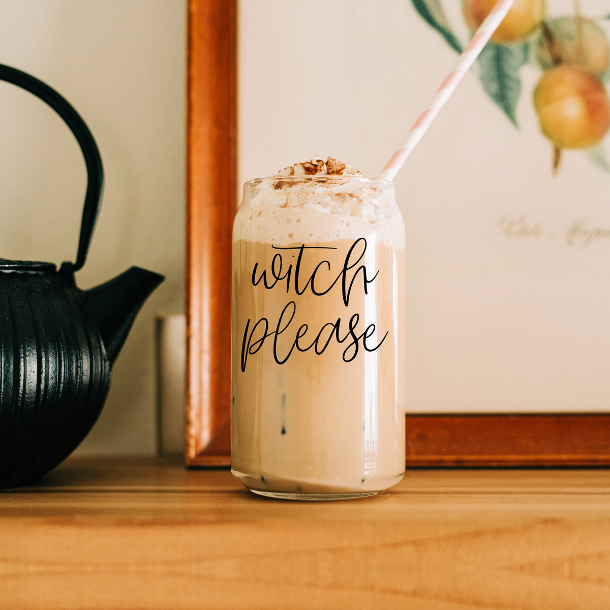 Witch Please 17oz travel mug Gia Roma clear glass cup with beige iced drink and whipped cream on Tampa Home & Garden Store