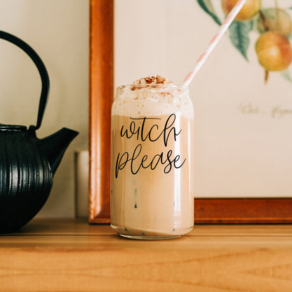 Witch Please 17oz travel mug Gia Roma clear glass cup with beige iced drink and whipped cream on Tampa Home & Garden Store