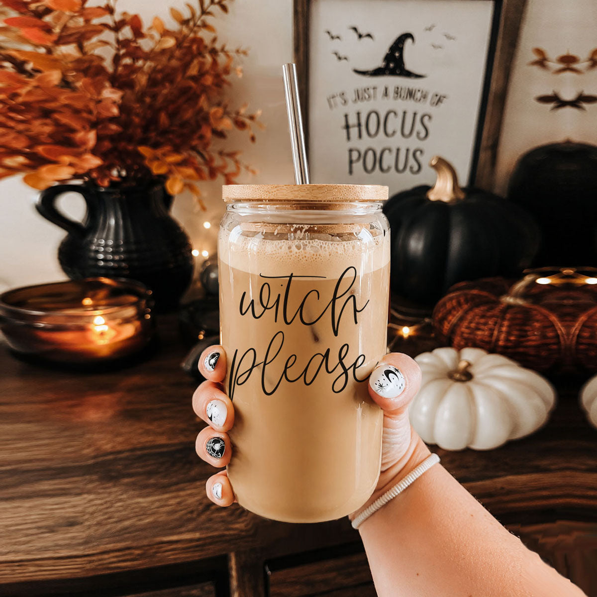 Witch Please 17oz travel mug by Gia Roma with cork lid, beige glass, metal straw on Tampa Home & Garden Store