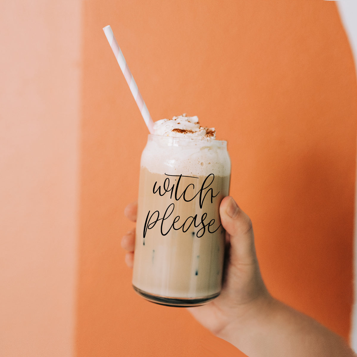 Witch Please 17oz travel mug with whipped cream, striped straw in a glass mason jar on Tampa Home & Garden Store