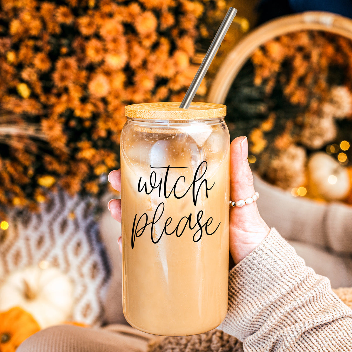 Witch Please 17oz travel mug Gia Roma; clear glass jar, bamboo lid, gray straw, iced coffee in autumn on Tampa Home & Garden Store