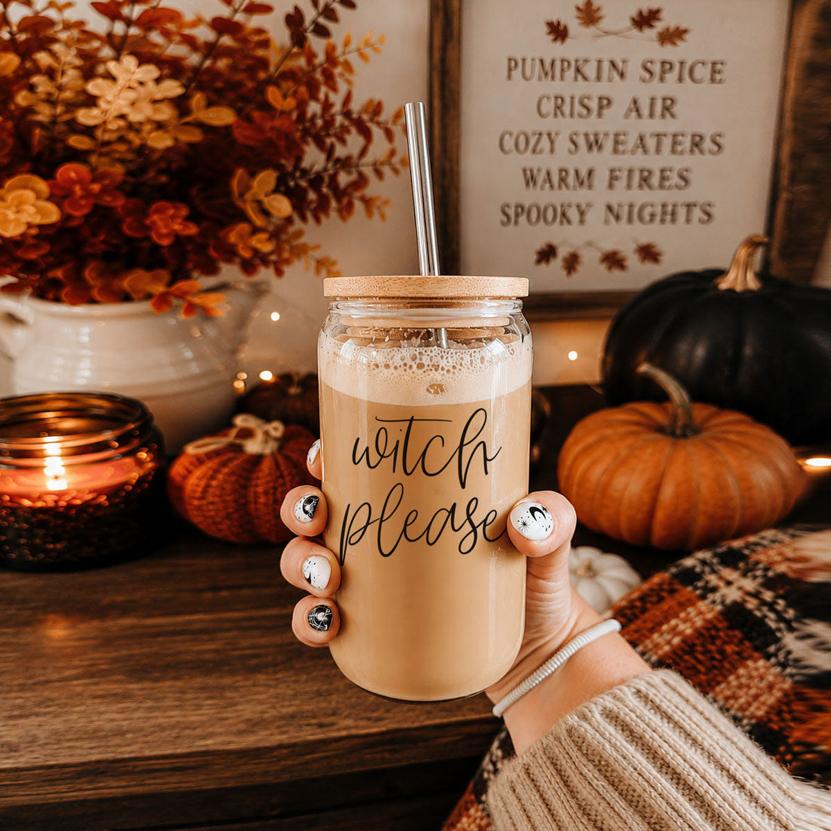 Witch Please 17oz travel mug by Gia Roma, beige drinkware with cork lid on Tampa Home & Garden Store