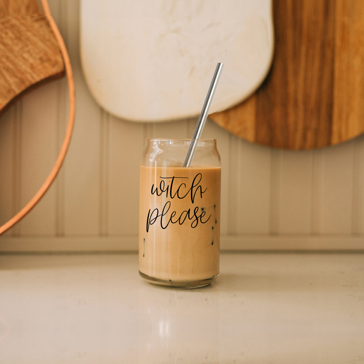 Witch Please 17oz travel mug glass with iced coffee and straw, Gia Roma on Tampa Home & Garden Store