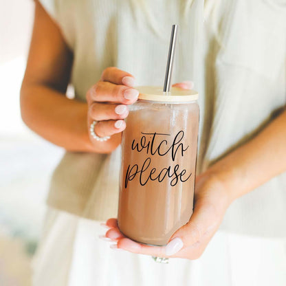 Witch Please 17oz travel mug with wooden lid and metal straw, tan drinkware on Tampa Home & Garden Store