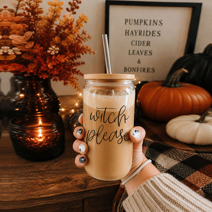 Witch Please 17oz travel mug with wood lid and straw, Gia Roma drinkware, autumn vibe on Tampa Home & Garden Store