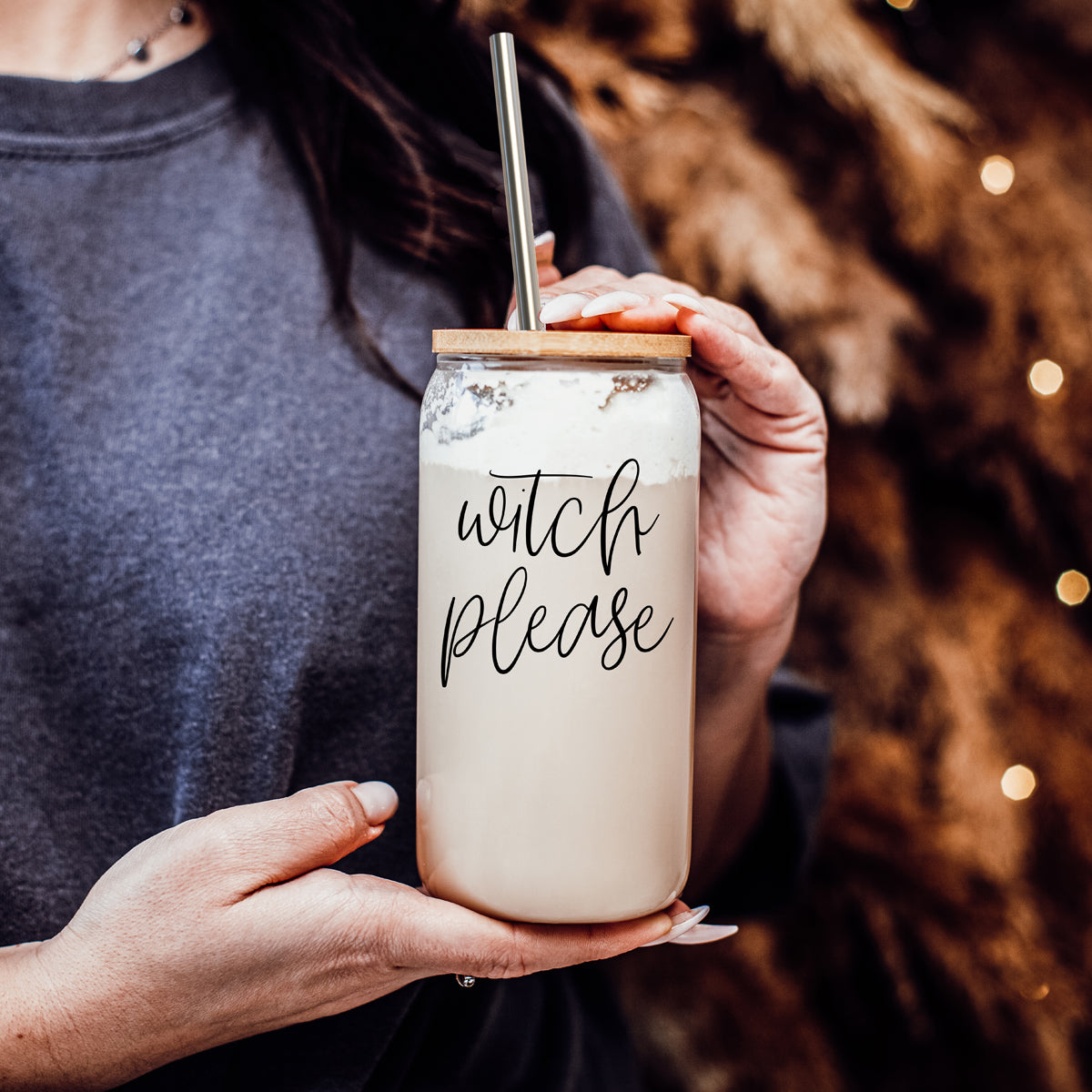 Witch Please 17oz travel mug Gia Roma, cream drinkware with wood lid and stainless straw on Tampa Home & Garden Store