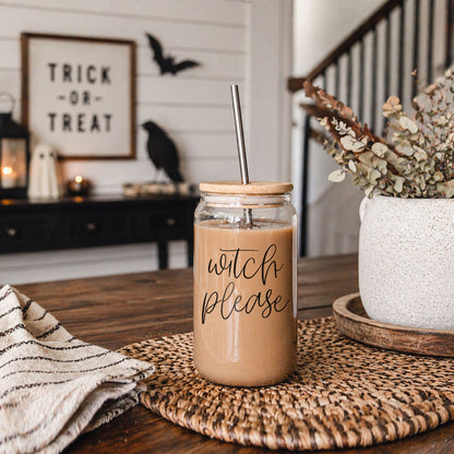 Witch Please 17oz travel mug Gia Roma glass jar with wood lid and metal straw on Tampa Home & Garden Store
