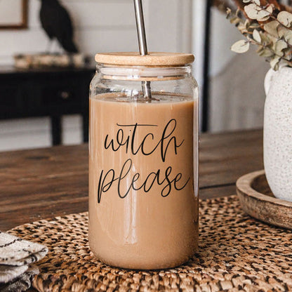 Witch Please 17oz travel mug with wood lid and metal straw, filled with iced coffee on Tampa Home & Garden Store