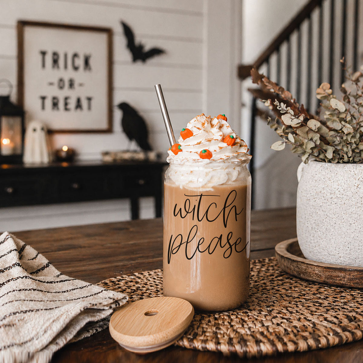 Witch Please 17oz travel mug with whipped cream and pumpkin decor in tan drinkware on Tampa Home & Garden Store