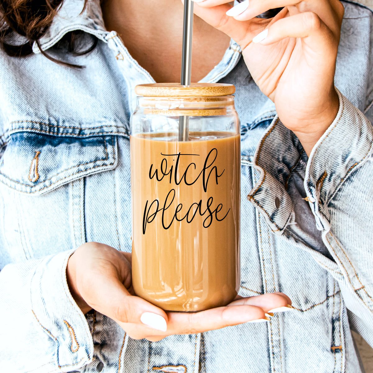 Witch Please 17oz travel mug glass mason jar with wood lid and metal straw tan coffee on Tampa Home & Garden Store