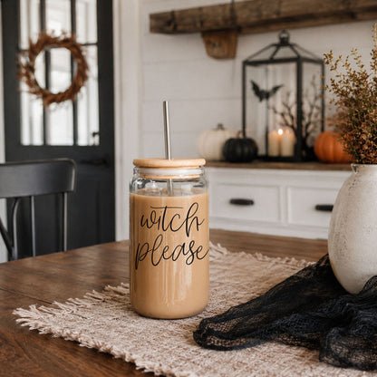Witch Please 17oz travel mug by Gia Roma with wood lid and metal straw, iced coffee inside on Tampa Home & Garden Store