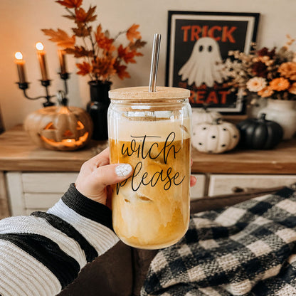 Witch Please 17oz travel mug Gia Roma, glass mason jar bamboo lid, metal straw, iced coffee on Tampa Home & Garden Store