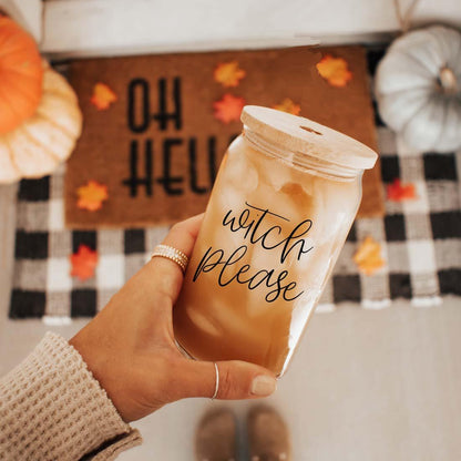 Witch Please 17oz travel mug by Gia Roma, glass iced coffee tumbler with wooden lid on Tampa Home & Garden Store