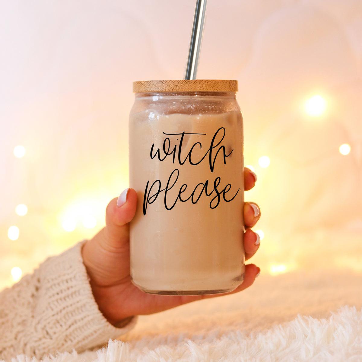 Witch Please 17oz travel mug Gia Roma glass mason jar with wood lid and metal straw on Tampa Home & Garden Store