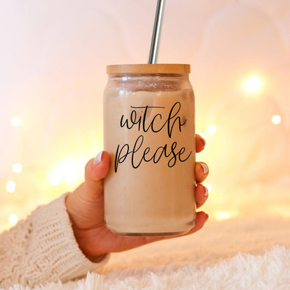 Witch Please 17oz travel mug Gia Roma glass mason jar with wood lid and metal straw on Tampa Home & Garden Store