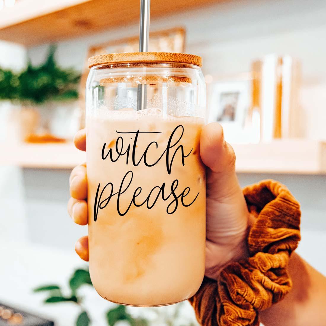 Witch Please 17oz travel mug glass jar with orange lid and straw iced coffee on Tampa Home & Garden Store