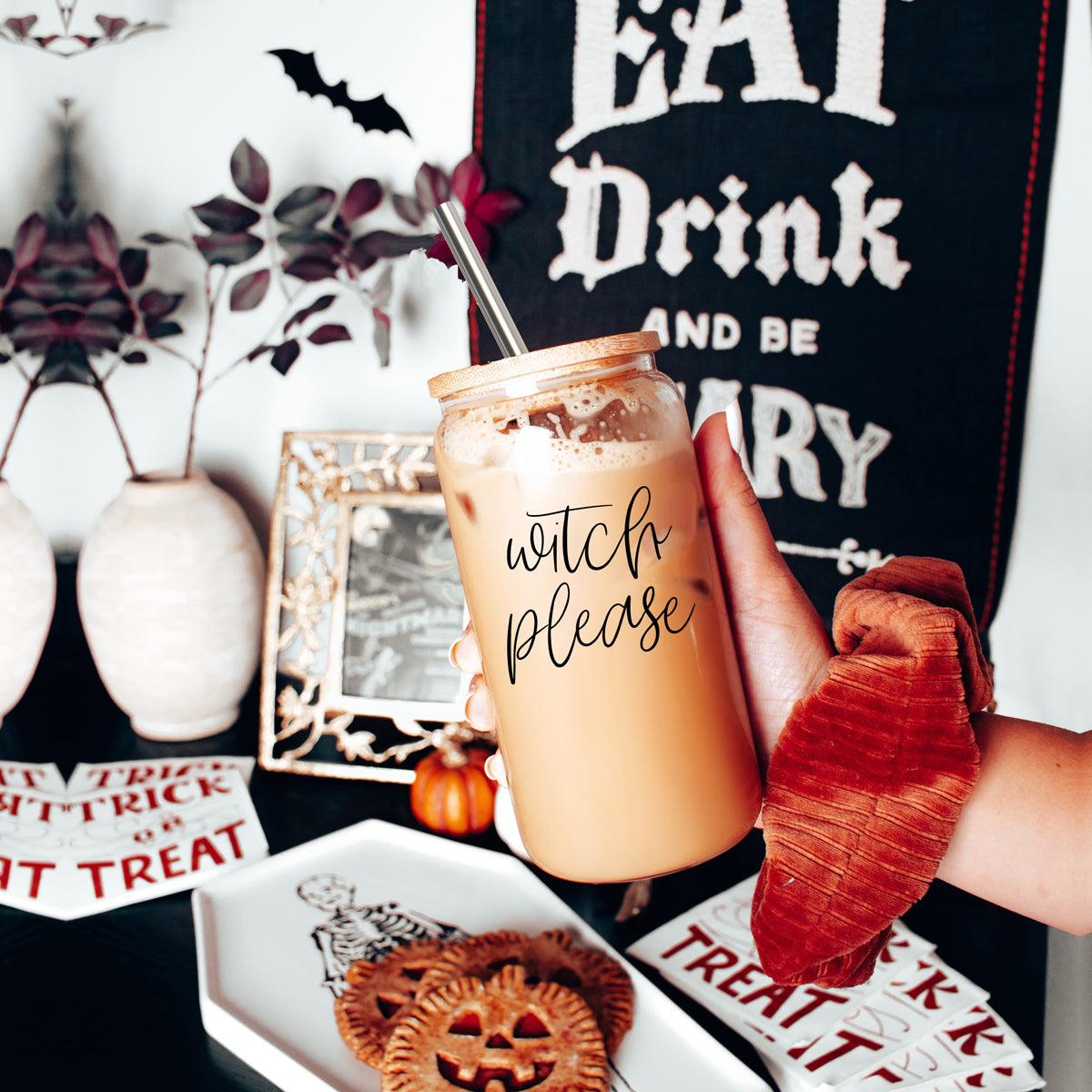 Gia Roma Witch Please 17oz travel mug filled with iced coffee, glass tumbler with metal straw on Tampa Home & Garden Store