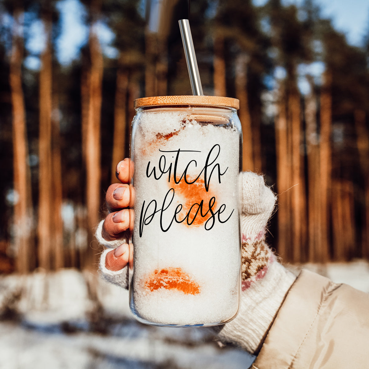 Witch Please 17oz travel mug Gia Roma glass jar with cork lid and metal straw in a forest on Tampa Home & Garden Store