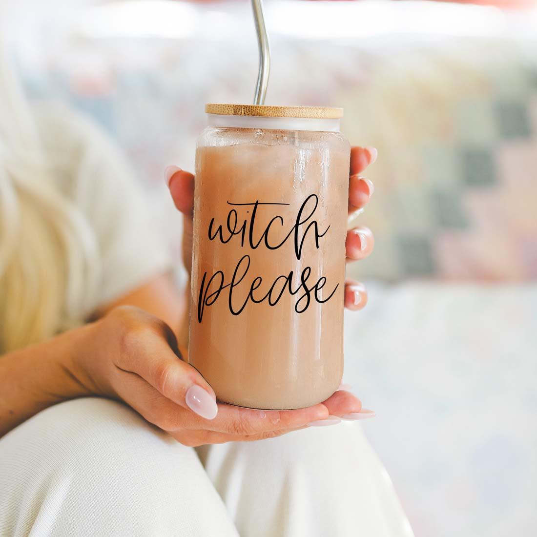 Witch Please 17oz travel mug Gia Roma with jar, bamboo lid and metal straw iced coffee look on Tampa Home & Garden Store
