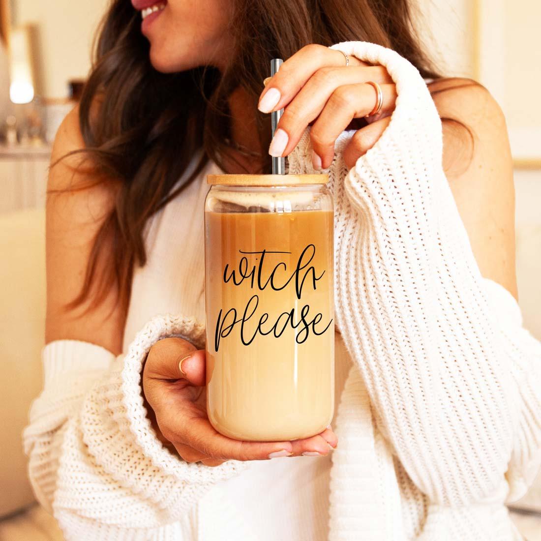 Witch Please 17oz travel mug with cream glass and wooden lid, stainless straw on Tampa Home & Garden Store