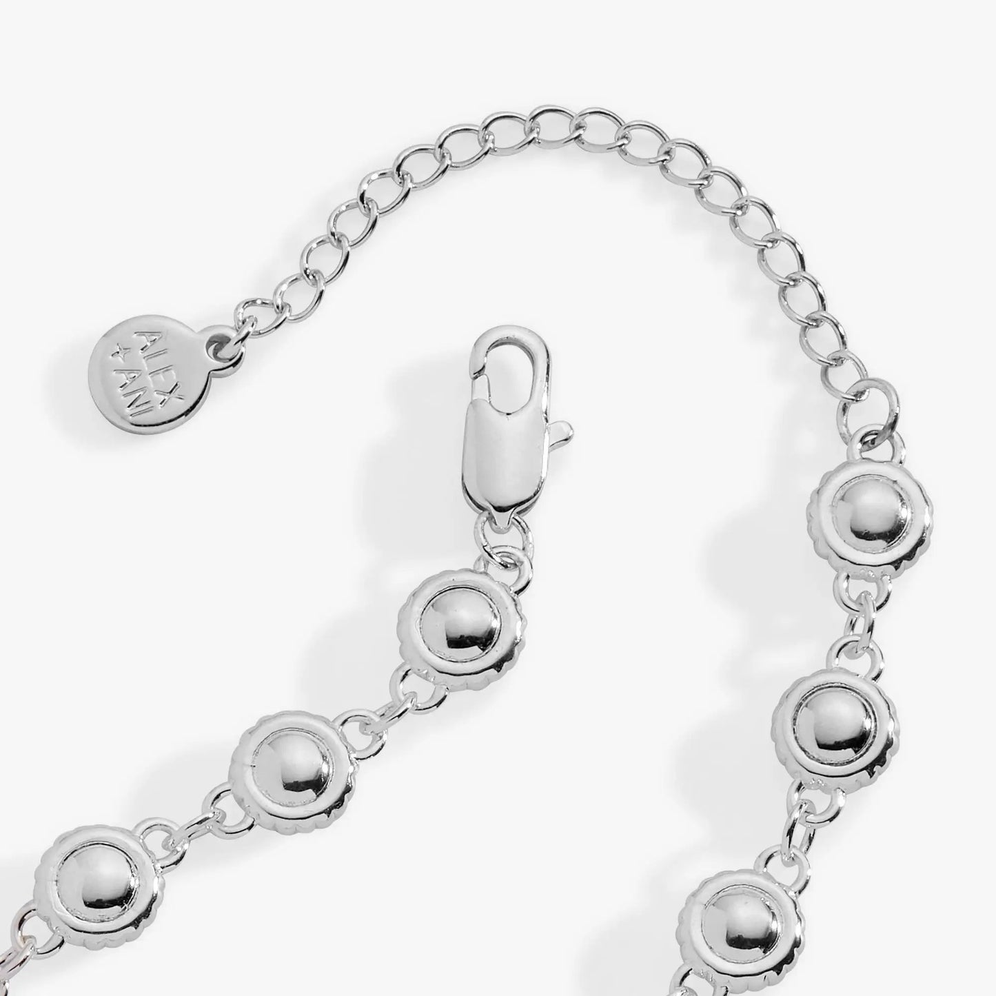 The Wizard of Oz Tin Man Linear Bracelet by ALEX AND ANI, silver-tone bracelet with linked round disc charms and logo tag on Tampa Home & Garden Store
