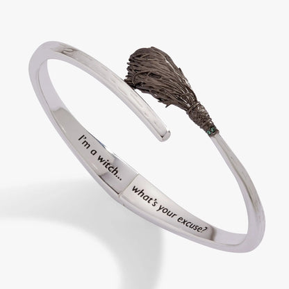 Bracelet Wicked Witch broom cuff by Alex and Ani with brown broom charm on silver band on Tampa Home & Garden Store