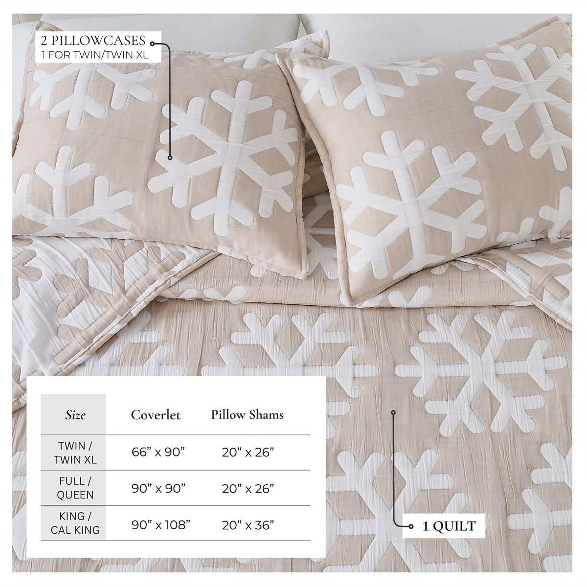 Matelassé Snowflake Quilt Set Nino Collection taupe with white snowflakes; includes 2 shams on Tampa Home & Garden Store
