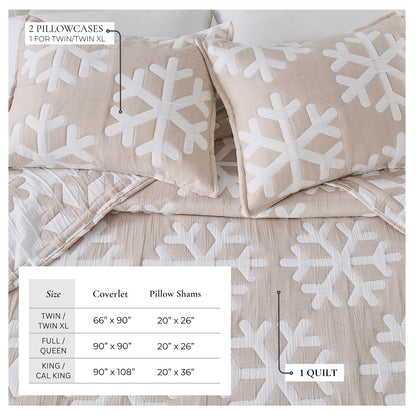 Matelassé Snowflake Quilt Set Nino Collection taupe with white snowflakes; includes 2 shams on Tampa Home & Garden Store